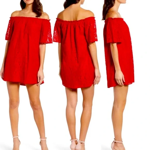 BB Dakota Off the Shoulder Red Lace Shift Dress BB Dakota Off the Shoulder Red Lace Shift Dress
